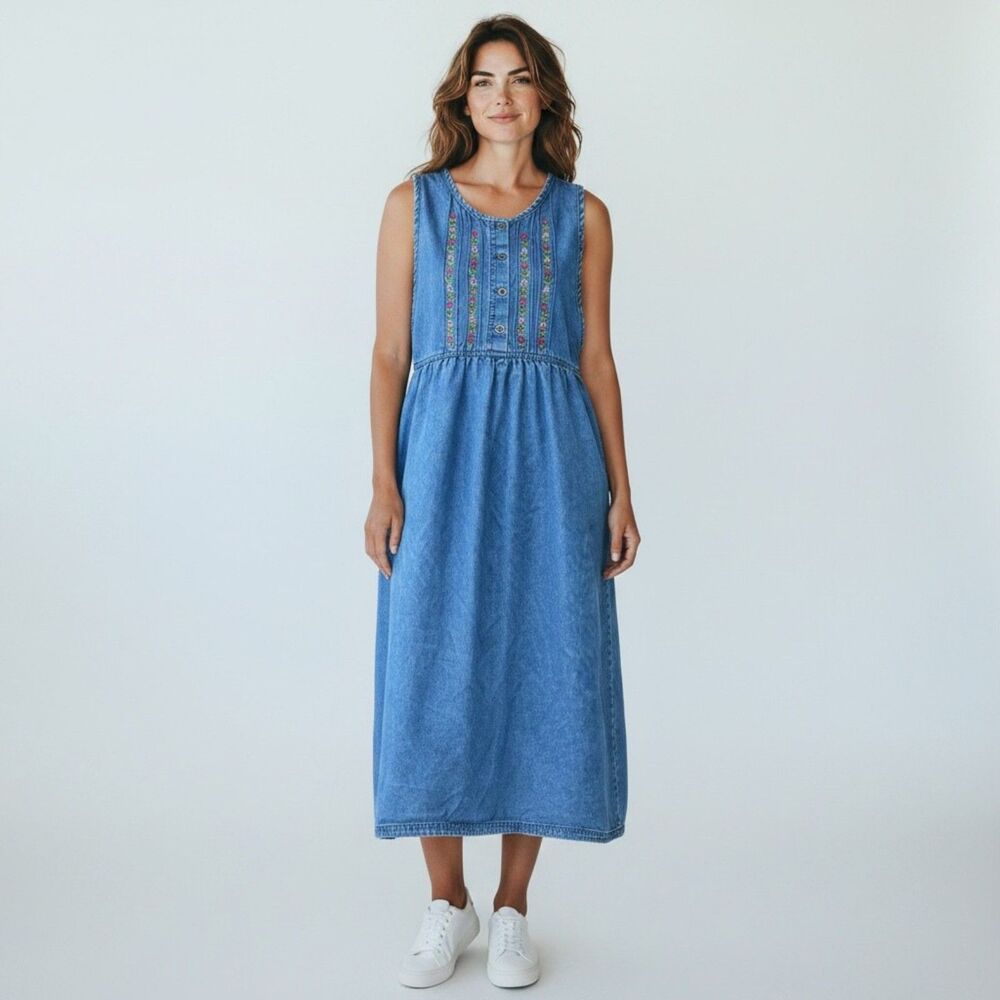 Vintage Denim Prairie Western Farmcore Dress M Maxi Embroidered Cottage Boho